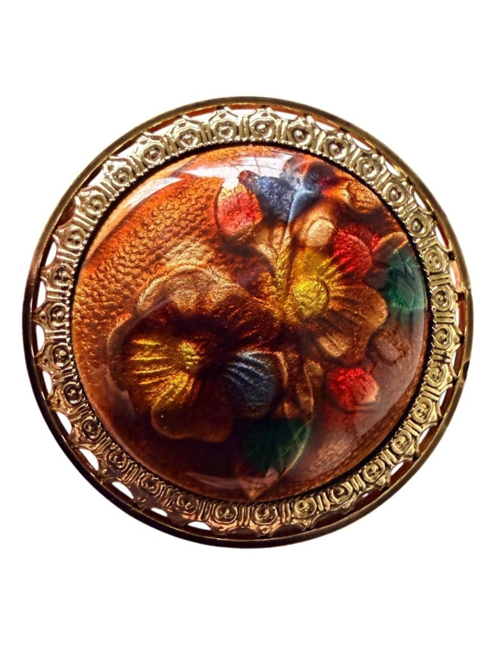 Vintage Reverse Carved Lucite‎ Brooch Gold Tone Floral Pin 1950s New Old Stock
